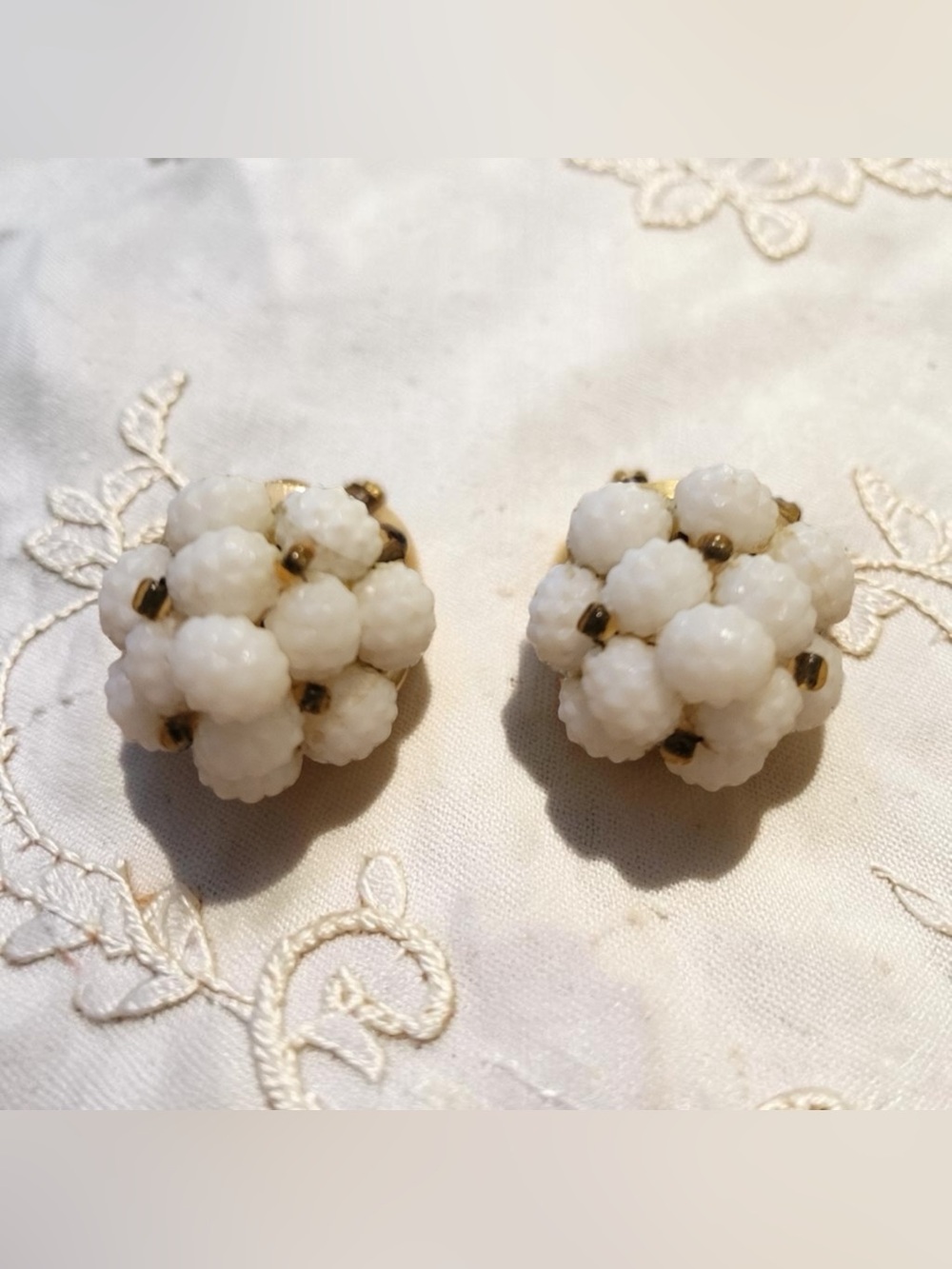 White Cluster Bead Clip-On Earrings